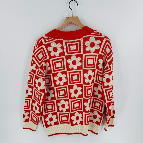 Zara Retro Floral Geometric Orange Button Cardigan Sweater Cotton Blend Size S - Picture 2 of 8